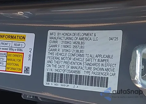 2025 Honda Accord Hybrid Sport-L z USA, uszkodzony, nr VIN 1HGCY2F72SA048586
